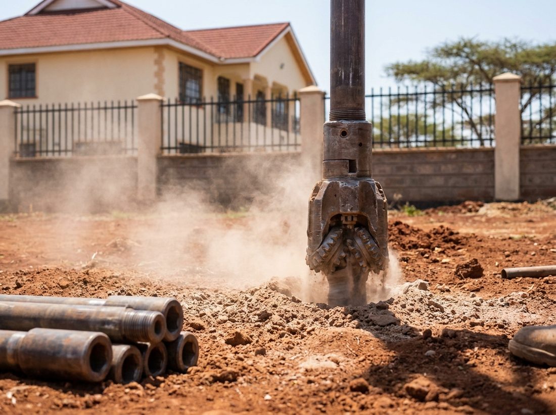 150m Borehole, drilled and equipped, Complete package, 150m · air rotary · electric pump