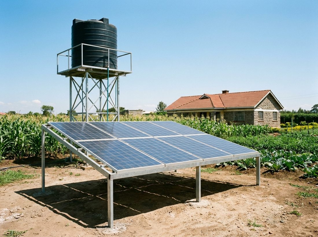 Solar Pumping System, Step 5 · Equipping, Solar pump, panels and controller